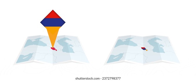 Two versions of an Armenia folded map, one with a pinned country flag and one with a flag in the map contour. Template for both print and online design. Vector illustration.