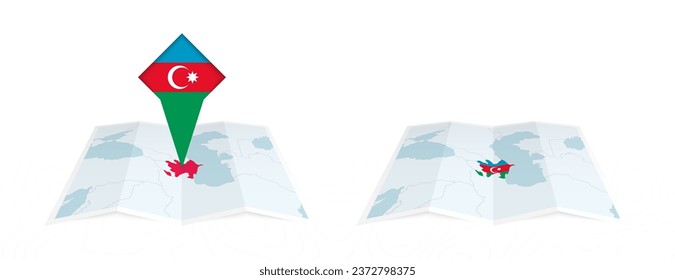 Zwei Versionen einer gefalteten Landkarte Aserbaidschans, eine mit verstopfter Landesflagge und eine mit einer Flagge in der Kartenkontur. Vorlage für Print- und Online-Design. Vektorgrafik.
