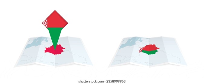 Two versions of an Belarus folded map, one with a pinned country flag and one with a flag in the map contour. Template for both print and online design. Vector illustration.