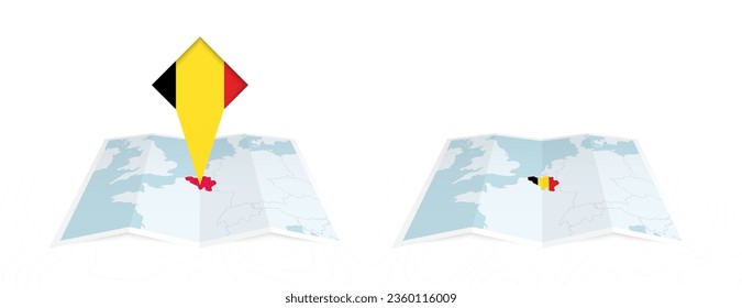 Two versions of an Belgium folded map, one with a pinned country flag and one with a flag in the map contour. Template for both print and online design. Vector illustration.