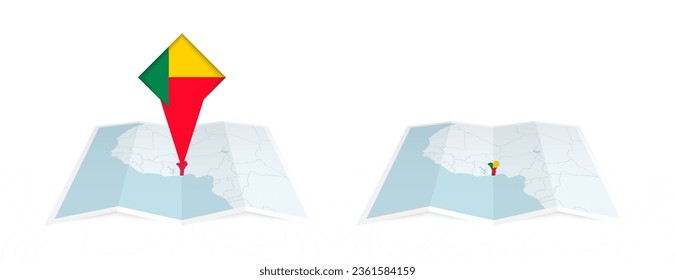 Two versions of an Benin folded map, one with a pinned country flag and one with a flag in the map contour. Template for both print and online design. Vector illustration.
