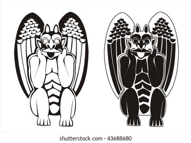 Two versions of black and white vectorized gargoyles. Grotesque figure holding its head in his hand and its tongue out.