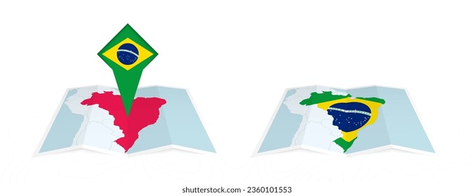 Two versions of an Brazil folded map, one with a pinned country flag and one with a flag in the map contour. Template for both print and online design. Vector illustration.