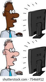 Two versions of a businessman with mouse in front of a computer monitor