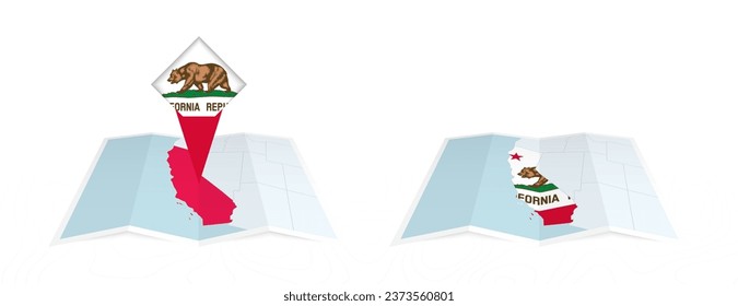 Two versions of an California folded map, one with a pinned country flag and one with a flag in the map contour. Template for both print and online design. Vector illustration.