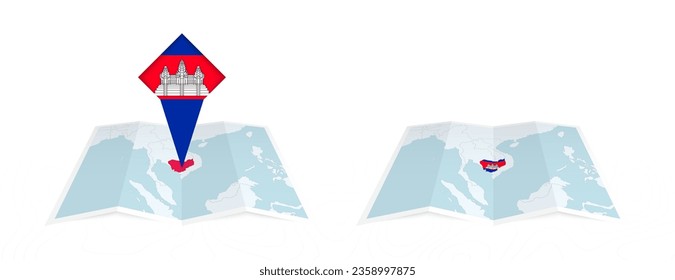 Two versions of an Cambodia folded map, one with a pinned country flag and one with a flag in the map contour. Template for both print and online design. Vector illustration.