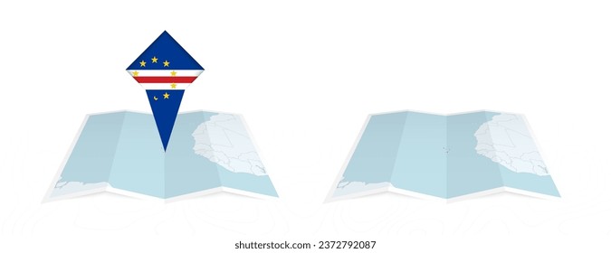 Two versions of an Cape Verde folded map, one with a pinned country flag and one with a flag in the map contour. Template for both print and online design. Vector illustration.