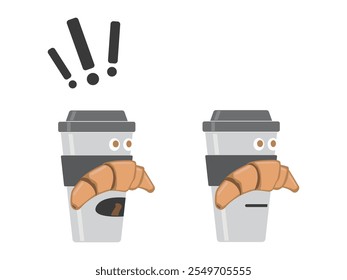 Two versions of character (coffee cup with eyes, mouth and moustache like croissant): one is shouting something (with exclamation marks over head) and other - calm and silent, with closed mouth.