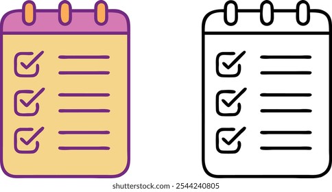 Two versions of a checklist notebook, one with color and one in black and white, with three completed tasks and empty lines for additional items.