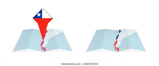 Two versions of an Chile folded map, one with a pinned country flag and one with a flag in the map contour. Template for both print and online design. Vector illustration.
