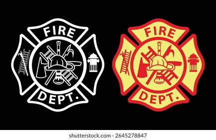 Duas versões de um emblema clássico do corpo de bombeiros são mostradas. Perfeito para o vestuário de bombeiro, patches de bombeiros e projetos de segurança.