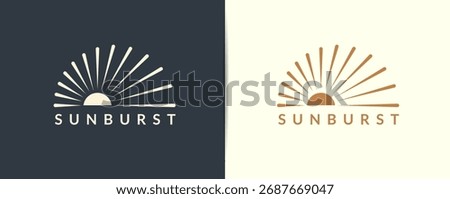 Two versions of a clean, modern sunburst logo featuring a semi-circular sun with radiating rays and SUNBURST text, ideal for branding.