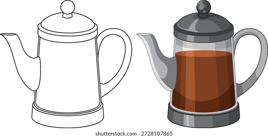 Duas versões de uma cafeteira, uma arte de linha e uma colorida, sobre fundo branco
