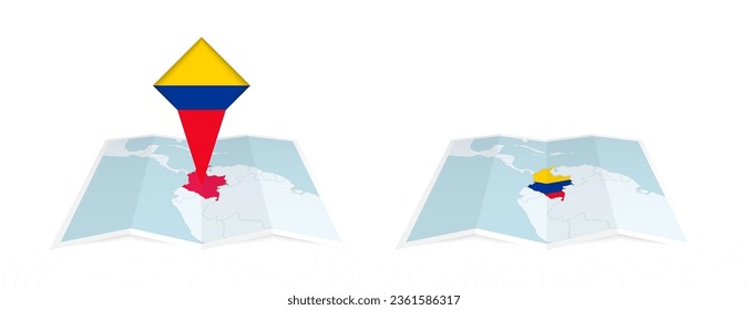 Two versions of an Colombia folded map, one with a pinned country flag and one with a flag in the map contour. Template for both print and online design. Vector illustration.