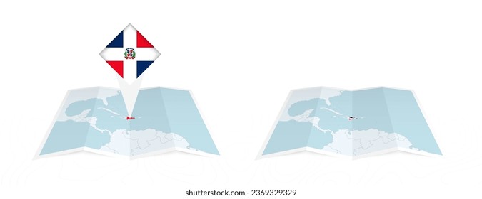 Two versions of an Dominican Republic folded map, one with a pinned country flag and one with a flag in the map contour. Template for both print and online design. Vector illustration.