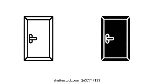 Two versions of a door icon are showcased one in a simple outline style and the other in a solid black silhouette, both on a clean white background.
