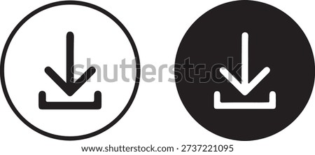 Two versions of a download icon, one outline and one solid, depicting an arrow pointing down into a tray, enclosed in a circle.