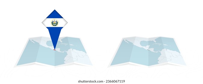 Two versions of an El Salvador folded map, one with a pinned country flag and one with a flag in the map contour. Template for both print and online design. Vector illustration.