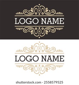 Two versions of an elegant, vintage-style logo design featuring ornamental swirls, dots, and flourishes arranged symmetrically above and below a central placeholder text 'LOGO NAME'.