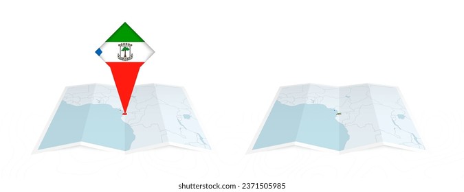 Zwei Versionen einer gefalteten Karte von Äquatorialguinea, eine mit eingeprägter Landesflagge und eine mit einer Flagge in der Kartenkontur. Vorlage für Print- und Online-Design. Vektorgrafik.