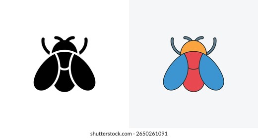 Two versions of a fly shown in one image include the black silhouette on a white background and the colorful version with orange, blue, and red.