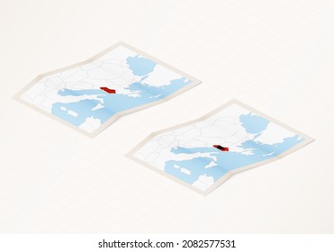 Dos versiones de un mapa doblado de Albania con la bandera del país de Albania y con el color rojo resaltado. Conjunto de mapas vectoriales isométricos.