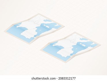 Two versions of a folded map of Andorra with the flag of the country of Andorra and with the red color highlighted. Set of isometric vector maps.