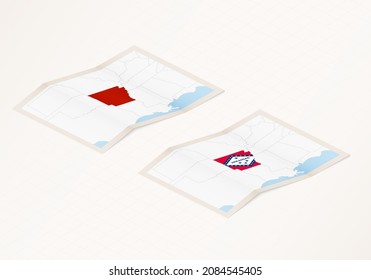 Two versions of a folded map of Arkansas with the flag of the country of Arkansas and with the red color highlighted. Set of isometric vector maps.