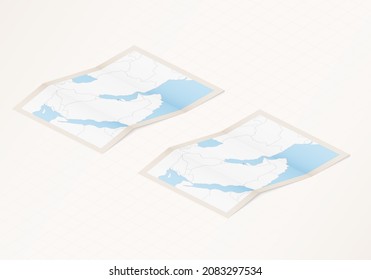 Zwei Versionen einer gefalteten Karte von Bahrain mit der Flagge des Landes von Bahrain und mit der roten Farbe hervorgehoben. Satz isometrischer Vektorkarten.