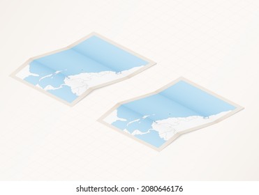Zwei Versionen einer gefalteten Karte von Barbados mit der Flagge des Landes von Barbados und mit der roten Farbe hervorgehoben. Satz isometrischer Vektorkarten.