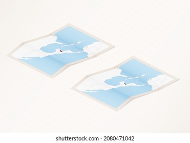 Two versions of a folded map of Belize with the flag of the country of Belize and with the red color highlighted. Set of isometric vector maps.