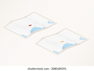 Two versions of a folded map of Bhutan with the flag of the country of Bhutan and with the red color highlighted. Set of isometric vector maps.