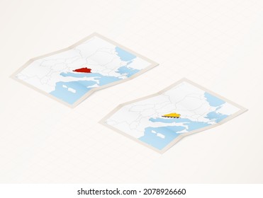 Dos versiones de un mapa doblado de Bosnia y Herzegovina con la bandera del país de Bosnia y Herzegovina y con el color rojo resaltado. Conjunto de mapas vectoriales isométricos.