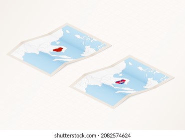 Two versions of a folded map of Cambodia with the flag of the country of Cambodia and with the red color highlighted. Set of isometric vector maps.