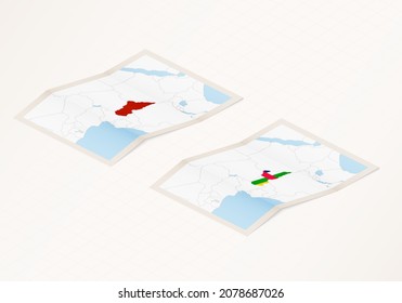 Two versions of a folded map of Central African Republic with the flag of the country of Central African Republic and with the red color highlighted. Set of isometric vector maps.
