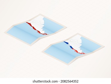 Two versions of a folded map of Chile with the flag of the country of Chile and with the red color highlighted. Set of isometric vector maps.