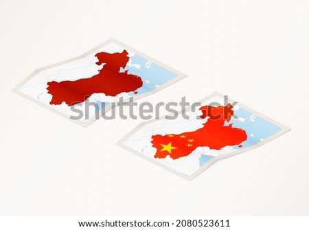Two versions of a folded map of China with the flag of the country of China and with the red color highlighted. Set of isometric vector maps.