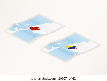 Two versions of a folded map of Colombia with the flag of the country of Colombia and with the red color highlighted. Set of isometric vector maps.