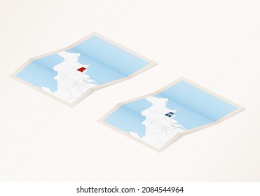 Dos versiones de un mapa doblado de Connecticut con la bandera del país de Connecticut y con el color rojo resaltado. Conjunto de mapas vectoriales isométricos.