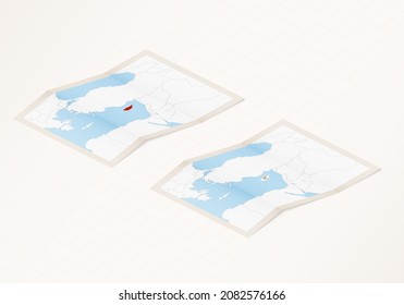 Two versions of a folded map of Cyprus with the flag of the country of Cyprus and with the red color highlighted. Set of isometric vector maps.
