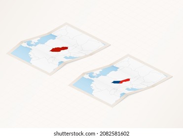 Two versions of a folded map of Czech Republic with the flag of the country of Czech Republic and with the red color highlighted. Set of isometric vector maps.