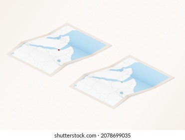 Two versions of a folded map of Djibouti with the flag of the country of Djibouti and with the red color highlighted. Set of isometric vector maps.