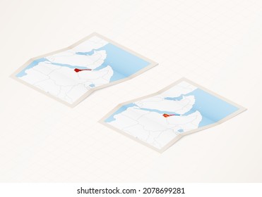 Two versions of a folded map of Eritrea with the flag of the country of Eritrea and with the red color highlighted. Set of isometric vector maps.