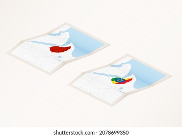 Two versions of a folded map of Ethiopia with the flag of the country of Ethiopia and with the red color highlighted. Set of isometric vector maps.