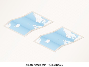 Two versions of a folded map of Faroe Islands with the flag of the country of Faroe Islands and with the red color highlighted. Set of isometric vector maps.