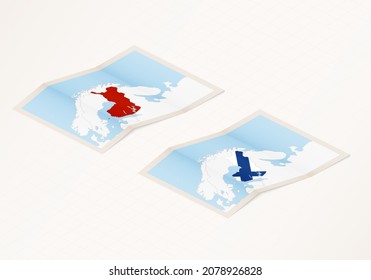 Two versions of a folded map of Finland with the flag of the country of Finland and with the red color highlighted. Set of isometric vector maps.