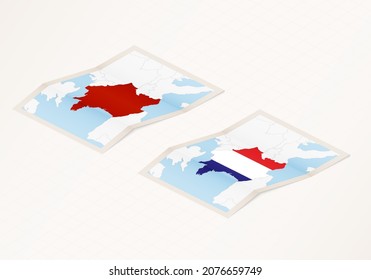 Two versions of a folded map of France with the flag of the country of France and with the red color highlighted. Set of isometric vector maps.