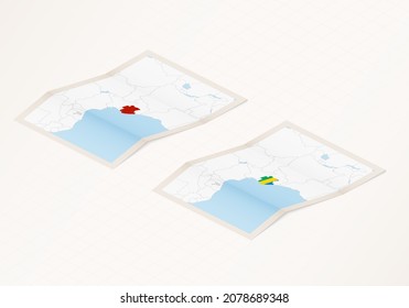 Two versions of a folded map of Gabon with the flag of the country of Gabon and with the red color highlighted. Set of isometric vector maps.