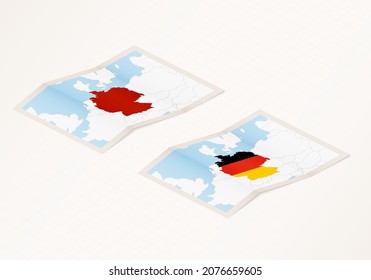 Zwei Versionen einer gefalteten Karte von Deutschland mit der Flagge des Landes Deutschland und mit der roten Farbe hervorgehoben. Satz isometrischer Vektorkarten.