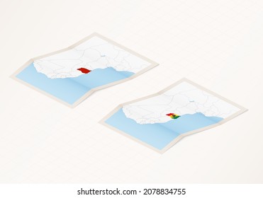Dos versiones de un mapa doblado de Ghana con la bandera del país de Ghana y con el color rojo resaltado. Conjunto de mapas vectoriales isométricos.